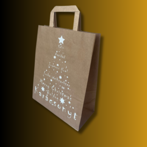 22x28+10 cm Karácsonyi szalagfüles papírtáska, Barna (fehér) – 25db