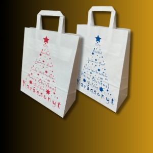 22x28+10 cm Karácsonyi szalagfüles papírtáska, Fehér (piros/kék) – 20db