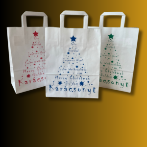 22x28+10 cm Karácsonyi szalagfüles papírtáska, Fehér (vegyes) – 25db